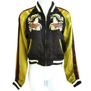 Vintage Sukajan Souvenir Jacket Geisha Embroidery Chartreuse Green Racing Stripi